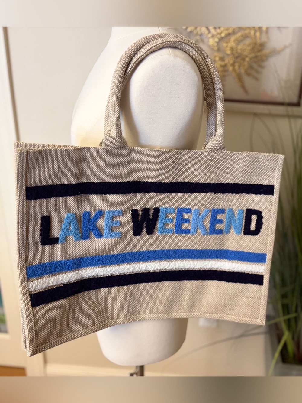 Canvas 'MAKE WEEKEND' Tote in Beige with Blue & Navy Stripes